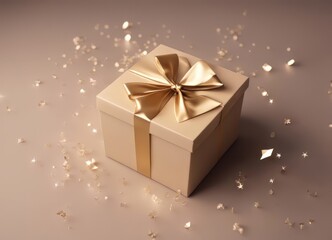 Obraz na płótnie Canvas Gift box in beige color in zero gravity, with sparkls, magic. Christmas.Happy New Year 2024