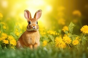 Obraz premium Rabbit in a field of flowers: A peaceful and tranquil scene