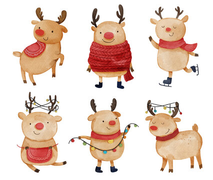 Reindeer . Christmas theme . Watercolor paint cartoon characters . Isolated . Set 2 of 4 . illustration .