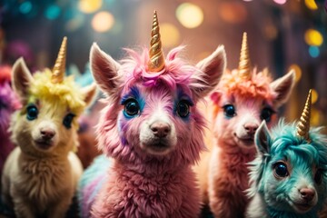Company of cute fluffy multi-colored unicorns with big eyes, their multi-colored appearance, their big eyes, and the playful and friendly atmosphere they create. Generative Ai. - obrazy, fototapety, plakaty