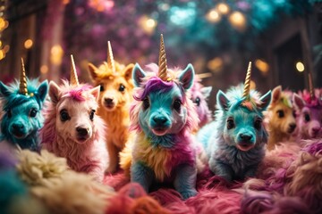 Company of cute fluffy multi-colored unicorns with big eyes, their multi-colored appearance, their big eyes, and the playful and friendly atmosphere they create. Generative Ai.