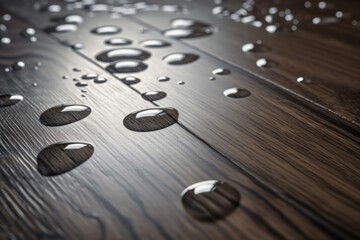 Wet drops on wooden floor at home. Waterproof deck plank brown color. Generate Ai