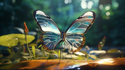 An artistic shot of a Glasswing Butterfly in its natural habitat, with its wings gracefully spread,...