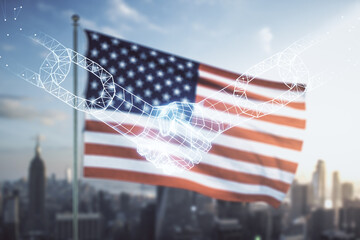 Double exposure of abstract virtual blockchain technology hologram with handshake on USA flag and blurry skyscrapers background. Research and development decentralization software concept