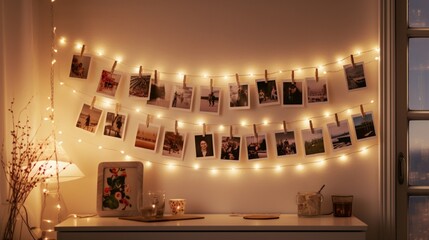 cozy lights decorations with photo frame on wall generated by AI tool 