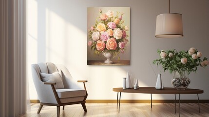 colorful flowers in a white vase on table in modern room generated by AI tool 