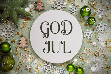 Text God Jul, Means Merry Christmas, Green Christmas Decor, Snow