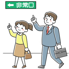 外出先で非常口を確認する女性と男性