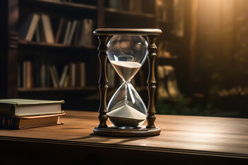 A glass hourglass is being flipped upside down on a study table, symbolizing the need to manage time wisely