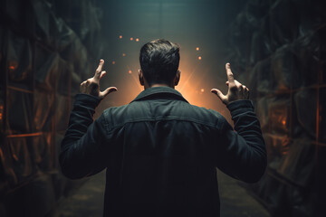 A man crosses his fingers behind his back while shaking someone's hand, indicating a promise he doesn't intend to keep - obrazy, fototapety, plakaty