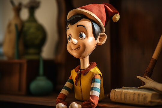 A wooden Pinocchio doll sits on a shelf, its nose extended, serving as a classic symbol for lying