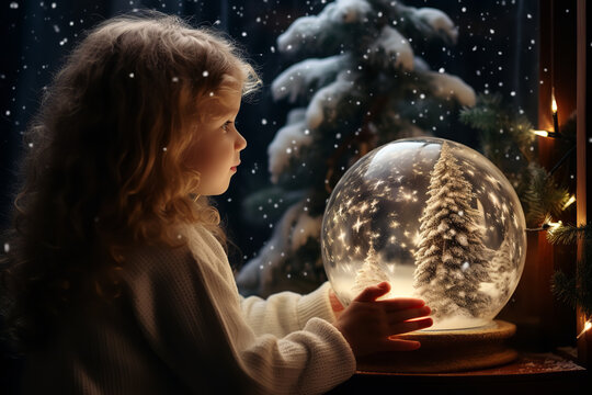 A young child sits in a cozy room, completely absorbed in the intricate world inside a snow globe he is holding