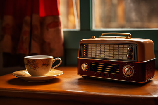  A vintage radio set stands on a table next to a warm cup of tea, creating a scene of comfort and nostalgia
