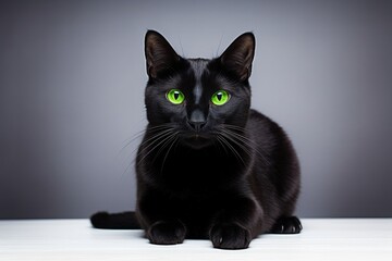 A sleek black cat with bright green eyes posing against a white backdrop. Generative AI