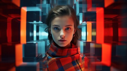 Red Hues of Innovation: A Woman Amongst Virtual Cubes