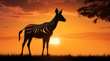 An Okapi silhouetted against the golden hues of a setting sun, its elongated neck and legs emphasized in high-resolution 4K.