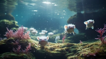 An ultra HD 4K underwater scene, featuring Axolotls gliding gracefully through crystal-clear waters. - obrazy, fototapety, plakaty