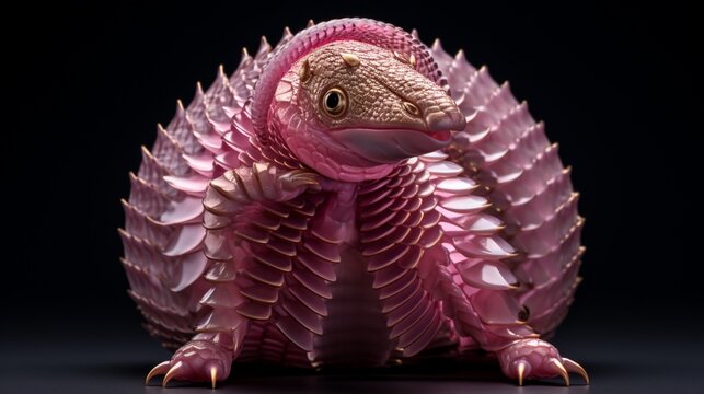 An ultra HD 8K image of a Pink Fairy Armadillo curled up into a protective ball, highlighting its rosy hue and intricate armor plating.