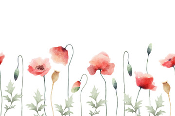 Watercolor poppies floral seamless border. Loose botanical painting with wet stains of elegant red flowers and buds isolated on white background. Horizontal pattern design.