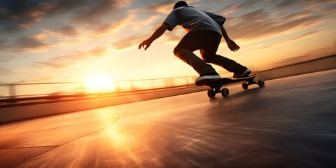 Fototapeta na wymiar skateboarder in action motion on the ground at sunset, Extreme sports concept
