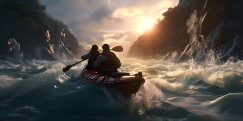 Paddling the kayak in the calm tropical bay at sunset, Extreme sports concept - obrazy, fototapety, plakaty