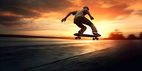 Skateboarder in action motion at sunset, Panorama extreme sports concept