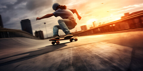 skateboarder in action motion on the ground at sunset, Extreme sports concept - obrazy, fototapety, plakaty
