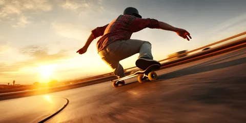 Fotobehang Skateboarder in action motion over a curve at sunset, Extreme sports concept © Black Pig