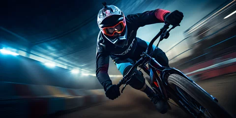 Tuinposter BMX bike biker in action motion riding over a curve, Extreme sports concept © Black Pig