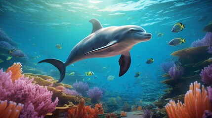 An underwater scene of a Vaquita playfully leaping out of the water, surrounded by vibrant marine life, all in stunning high detail and full ultra HD 8K clarity.