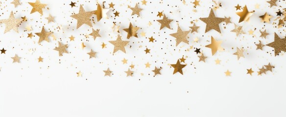 Glam New Years Eve or birthday party celebration white and gold stars and confetti background, web banner with copy space
