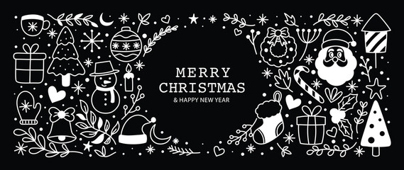 Merry christmas and happy new year cute doodle element background. Hand drawn design with christmas bauble ball, hat, sock, santa, tree, snowman. Illustration for banner, wallpaper, decoration, print.