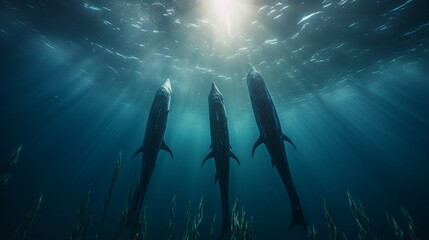 An underwater view of a pod of narwhals gracefully gliding through the deep blue ocean, sunlight filtering down on their sleek bodies. - obrazy, fototapety, plakaty