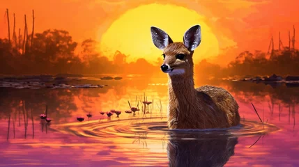 Badkamer foto achterwand The ethereal beauty of a Chinese Water Deer silhouetted against the backdrop of a vibrant, watercolor-like sunset. © Habib