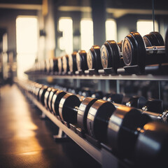Rows of dumbbells in the gym Close up of modern dumbbells equipment in the sport gym, gym equipment...