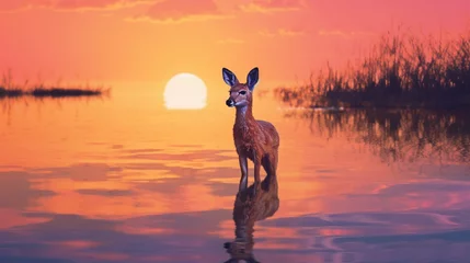 Fotobehang The ethereal beauty of a Chinese Water Deer silhouetted against the backdrop of a vibrant, watercolor-like sunset. © Habib