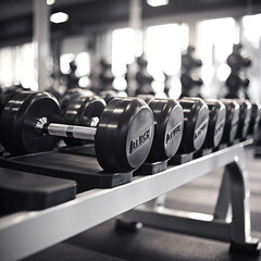Rows of dumbbells in the gym Close up of modern dumbbells equipment in the sport gym, gym equipment concept.