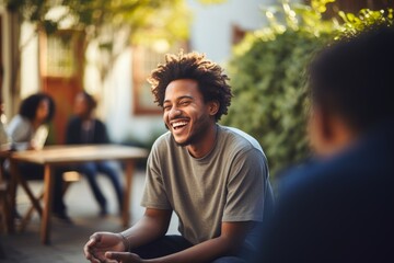 Photo of a beaming young man laughing during a casual conversation. Generative AI