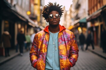 Photo of a beaming young man looking stylish in urban fashion. Generative AI