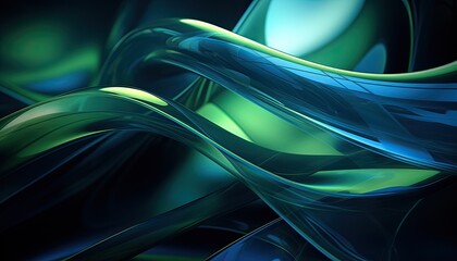 abstract background with liquid and plastic ribbons, green and blue colors