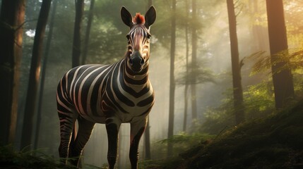 The Okapi in a dreamlike forest clearing, its enigmatic stripes bathed in the soft, ethereal light of dawn, portrayed in 4K resolution.