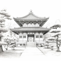 Japanese Temple Pencil Drawing