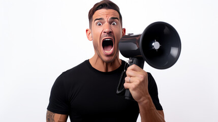 Young fun strong sporty fitness trainer instructor man wear black tracksuit spend time in home gym scream megaphone announces discounts sale isolated on plain white background. 