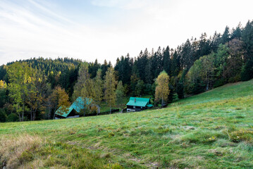 Autumn Moravskoslezske Beskydfy mountains bellow Bobek hill on czech - slovakian borders
