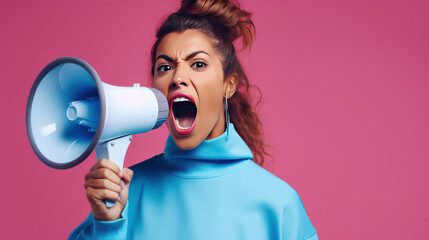 Young fun strong sporty fitness trainer instructor woman wear blue tracksuit spend time in home gym scream megaphone announces discounts sale isolated on plain pink background.