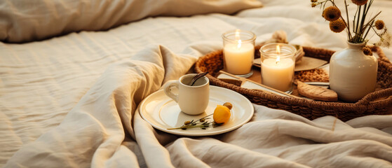 Fototapeta na wymiar Cozy romantic composition with tray of breakfast on bed linen sheet. still life. Cup of coffee, with foods. warm candle light. Morning relax,ambience. Hotels bedroom. Generative ai.