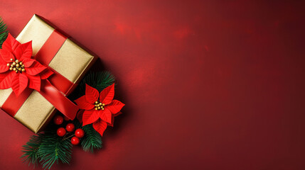 orange christmas background with poinsettia with leaves, red berries, gift box wrapped red silk ribbon, gold tinsel, with empty copy Space