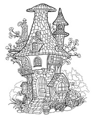 Magic fairytale house, vector illustration, black and white coloring
