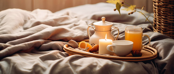 Cozy romantic composition with tray of breakfast on bed linen sheet. still life. Cup of coffee, with foods. warm candle light. Morning relax,ambience. Hotels bedroom. Generative ai.
