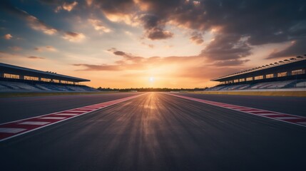 The sunset casts its golden glow upon the racing track. - obrazy, fototapety, plakaty
